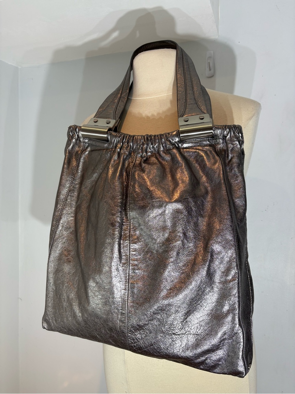 Kenneth Cole New York Gunmetal Metallic Leather Shoulder Bag